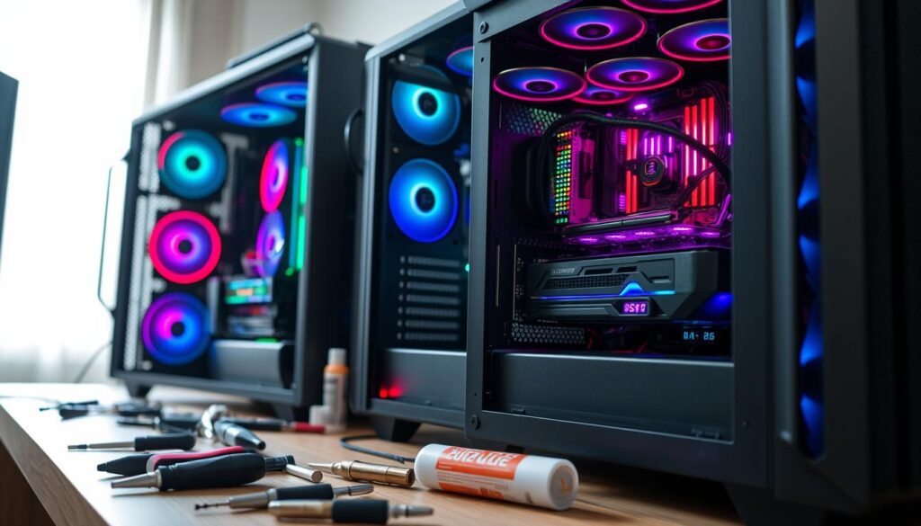 A close-up view of a computer workstation with opened computer towers, showcasing vibrant LED-lit internal components like graphics cards, motherboards, and cooling systems. Tools scattered around the desk, such as screwdrivers and thermal paste, with a bright window in the background illuminating the scene | Ripper IT Services