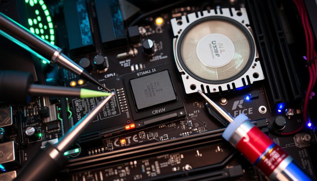 A close-up view of a computer motherboard with various components such as RAM, CPU, and GPU being replaced, surrounded by tools like screwdrivers and thermal paste, showcasing a dynamic and busy tech environment with bright LED lights and intricate circuitry | Ripper IT Services