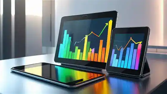 an image of different mobile devices showing some colorful graphs with upward trends