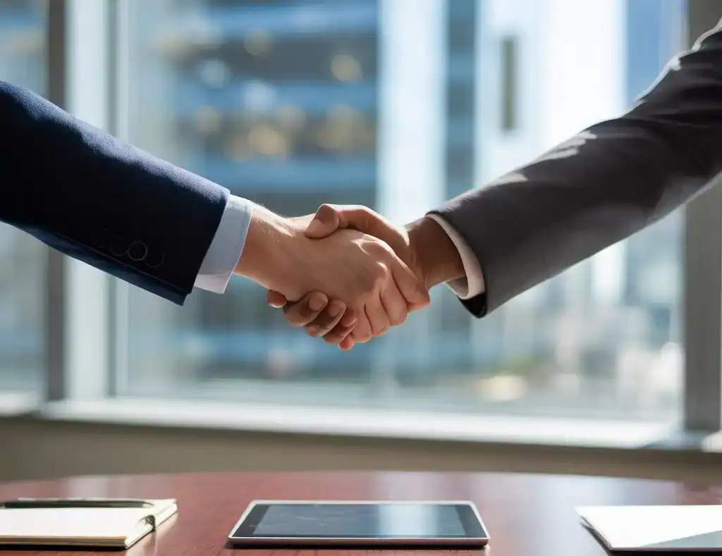 Two people shaking hands in a boardroom in a new partnership