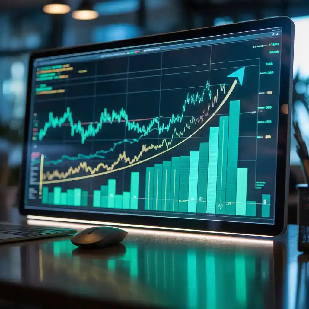 a large computer screen showing a graph with an upwards curve after a business implemented a speed to lead android