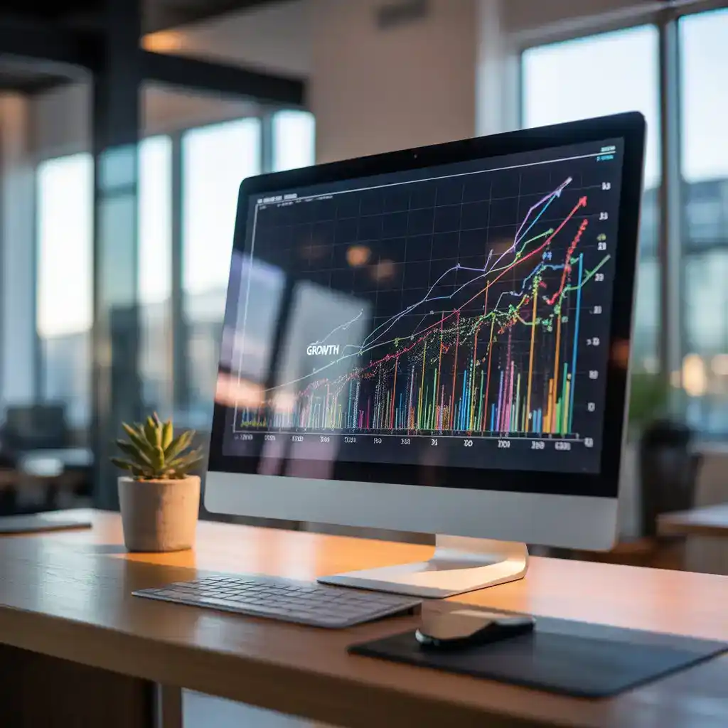 a photograph of an all-in-one computer showing an upwards curve on screen after a business started reputation management