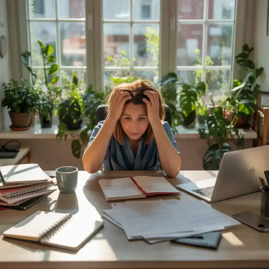 A female small business owner sitting at a desk with books, a laptop, and a coffee cup, looking frustrated.