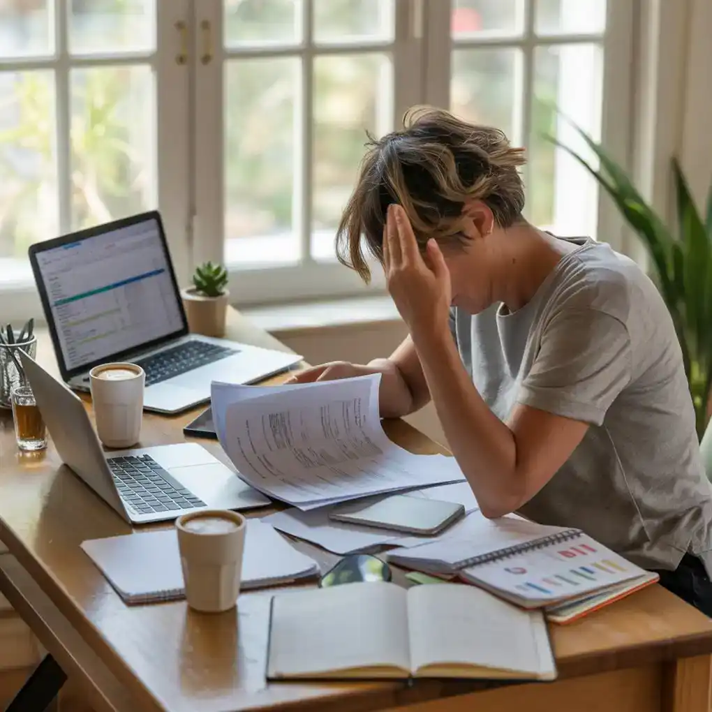 A male small business owner sitting at a desk with paperwork, books, and a laptop, appearing tired and stressed.