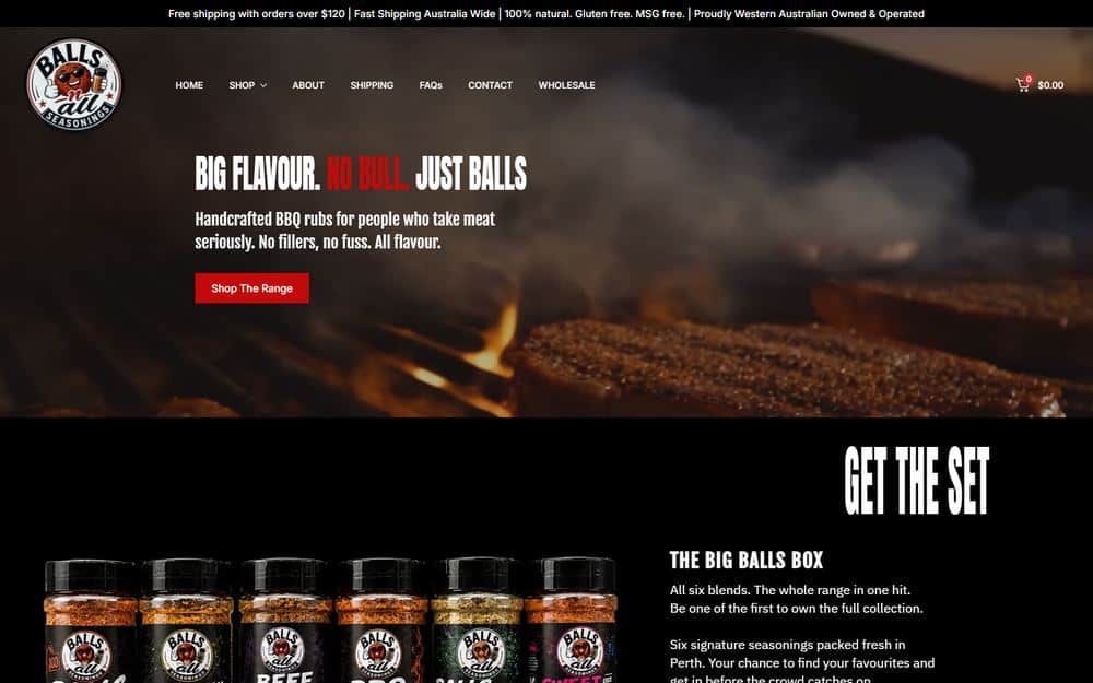 Screenshot of the BallsnAll Seasonings website, a WooCommerce online store with custom designs