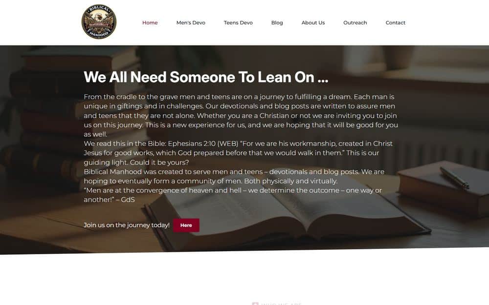 Screenshot of the Biblical Manhood website, a WordPress subscription site with weekly devotionals