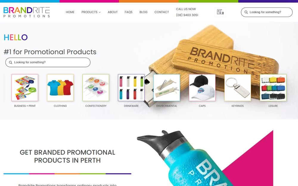 Screenshot of the Brandrite Promotions website, a WooCommerce promotional products site